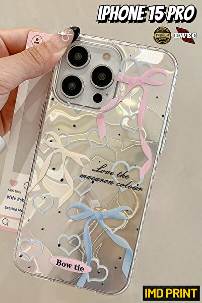 EWEC İphone 15 Pro Uyumlu Renkli Fiyonk Ve Kalp Temalı Hologram Ins Style Imd...