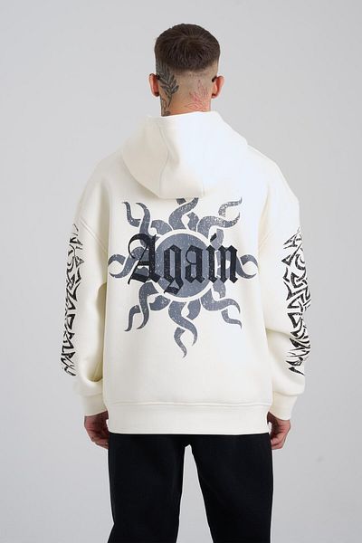 Machinist Men's Ethnic Born Again Printed Hooded Ecru Sweatshirt