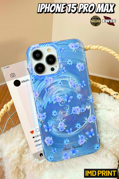 EWEC İphone 15 Pro Max Uyumlu Gradyan Mavi Gül Ve Kelebek Hologram Ins Style ...