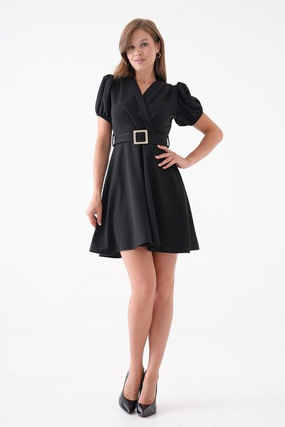 lovebox Women's Crepe Fabric Sash Detailed V-Neck Balloon Sleeve Black Mini Evening Dress 77125