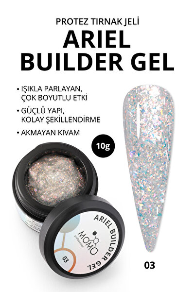 MOMO professional Ariel Builder Gel, Nail Art için Protez Tırnak Jeli No.03, Şeffaf Holografik Turuncu Sarı Simli, 10