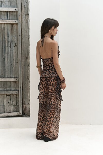 BOHEMAİ Sulliven Ruffle Detail Leopard Pattern Crop Pants Set