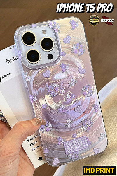 EWEC iPhone 15 Pro Uyumlu Mor Çiçek ve Kalpli Purple Garden Hologramlı IMD Pr...