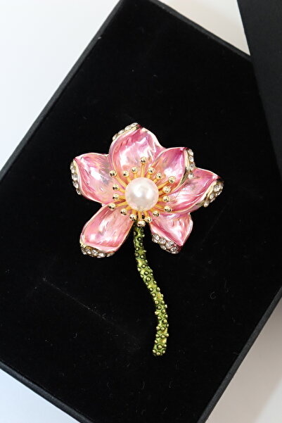 KEEBA Solmayan aşkın hikayesi Açelya çiçeği broş yeşil dallı incili taşlı kad...