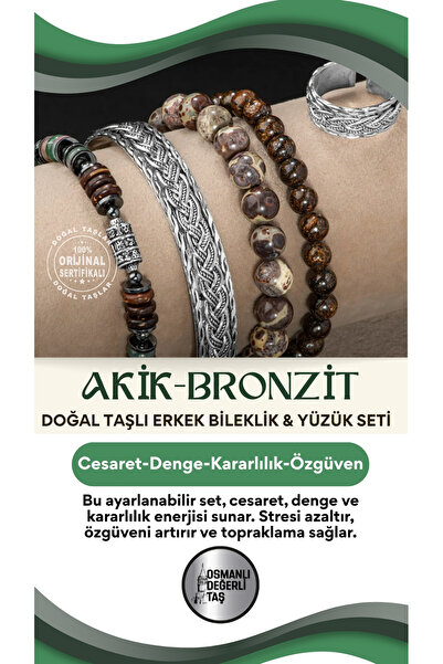 OSMANLI DOĞAL TAŞ Sertifikalı 925 Ayar Gümüş Akik Bronzit Doğal Taşlı Erkek B...