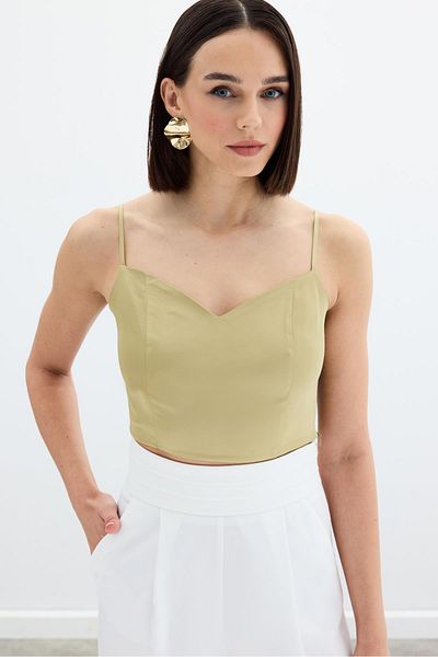 Sateen Satin Crop Blouse with Rope Straps - Olive