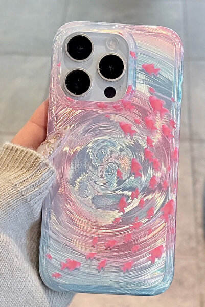 EWEC iPhone 15 Pro Compatible Pink Fish Swirl Design Hologram Ins Style Imd Premium Phone Case