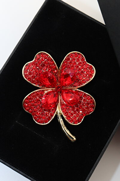 KEEBA Şansın sembolü Dört yapraklı yonca broş taşlı gold kırmızı tonlu erkek ...