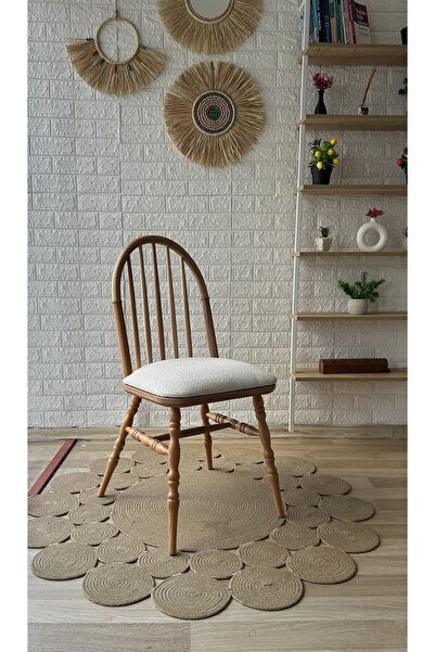 silla Concept Motifli Ada Sandalye Teddy Krem Kumaş Naturel Ahşap Sandalye