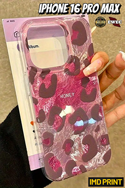EWEC İphone 16 Pro Max Uyumlu Pembe Leopar Desenli Hologramlı Ins Style Imd P...
