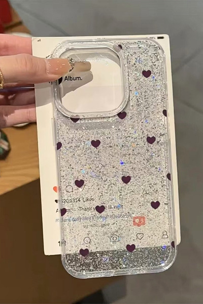 EWEC iPhone 16 Uyumlu Mor Minik Kalpli Simli Şeffaf Parıltılı Premium Telefon Kılıfı