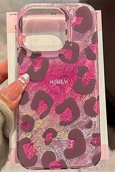 EWEC İphone 16 Uyumlu Pembe Leopar Desenli Hologramlı Ins Style Imd Premium Telefon Kılıfı