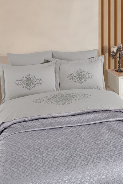 Sevim Tivoli 8 Piece Marriage Set Pique Set Towel-Embroidered Double Bride Set-Diana-Gray