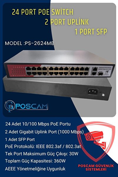 POSCAM 24 Port Poe Switch | 360w Güç | 2 Gigabit Uplink Port | 1 Sfp Port Ps-...