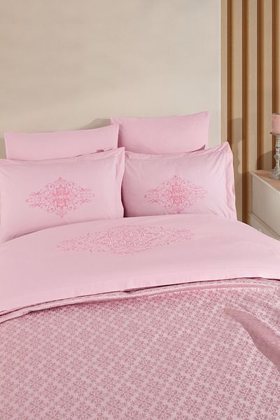 Sevim Tivoli Embossed Embroidered Pique Set 8 Piece Marriage Set with Towels - Diana - Powder