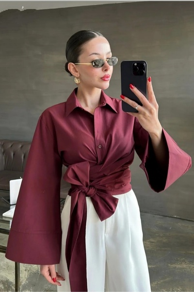Safgiyim44 Waist-Tie Asymmetrical Shirt Burgundy