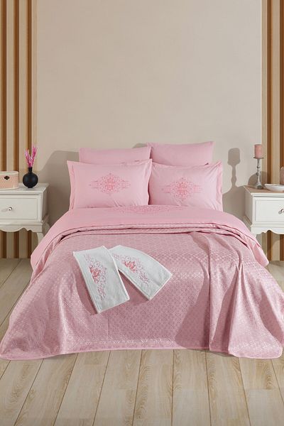 Sevim Tivoli Embossed Embroidered Pique Set 8 Piece Marriage Set with Towels - Diana - Powder