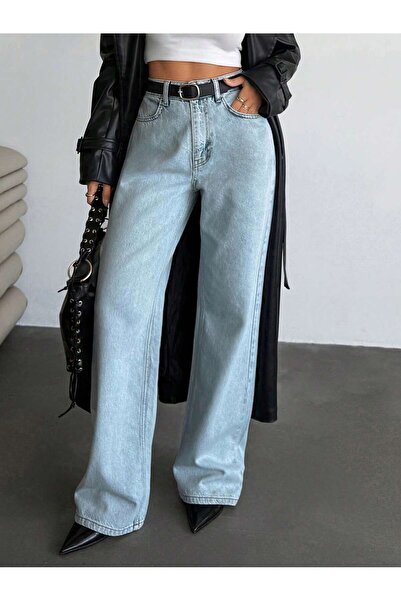 REDZARRAM açık mavi arka cep ve ön cep detaylı yüksek bel kadın pantolonu