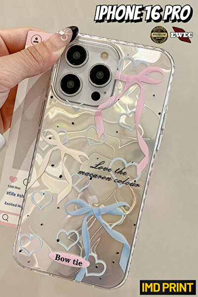 EWEC İphone 16 Pro Uyumlu Renkli Fiyonk Ve Kalp Temalı Hologram Ins Style Imd...