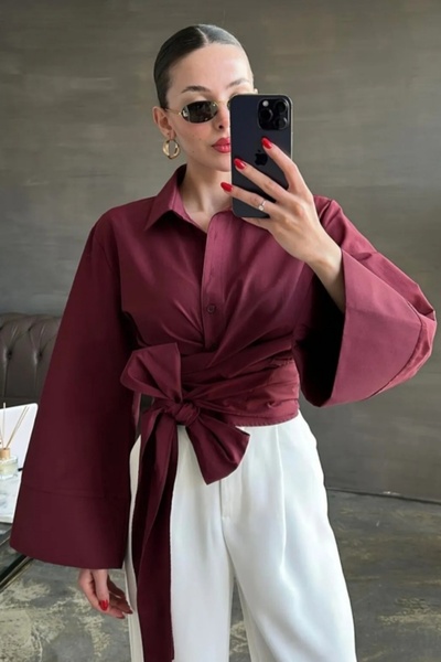 Safgiyim44 Waist-Tie Asymmetrical Shirt Burgundy