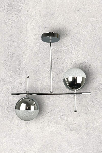 Fer Avize Çello Modern Tasarım Gri Kasa Krom Top - Cafe - Salon - Mutfak – Yatak Odası – Led 2'li Avize