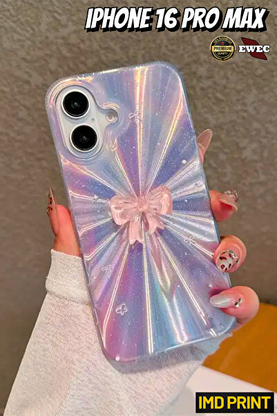 EWEC iPhone 16 Pro Max Uyumlu Pembe Fiyonk ve Kuzey Işıkları Temalı Hologram ...