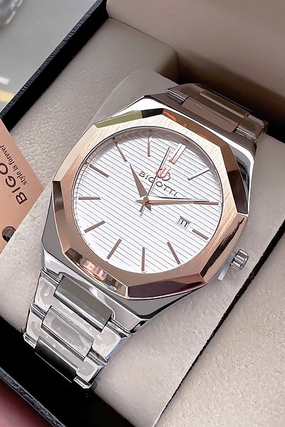 Bigotti Special Boxed 5 Atm Waterproof Men Wristwatch Silver Color Steel Cord + Gift Bracelet Bme2023C2