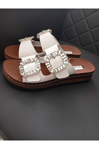 McDark Women's White Wedge Heels Orthopedic Stitched Sole Stone Slippers