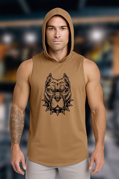 BESSA Ανδρικό μπλουζάκι Pitbull με στάμπα μπεζ Oversize Crew Neck Βαμβακερή κουκούλα αμάνικο αθλητικό μπλουζάκι
