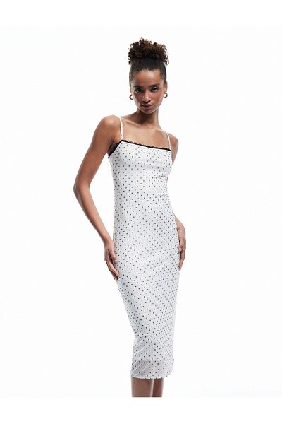 Koton Square Neck Strap Polka Dot Ruched Tulle Midi Dress