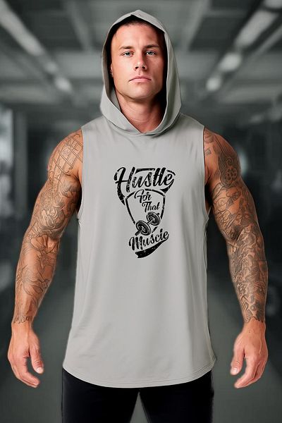 BESSA Men's Gray Hustle Printed Oversize Crew Neck Cotton Hooded Sports Tank Top