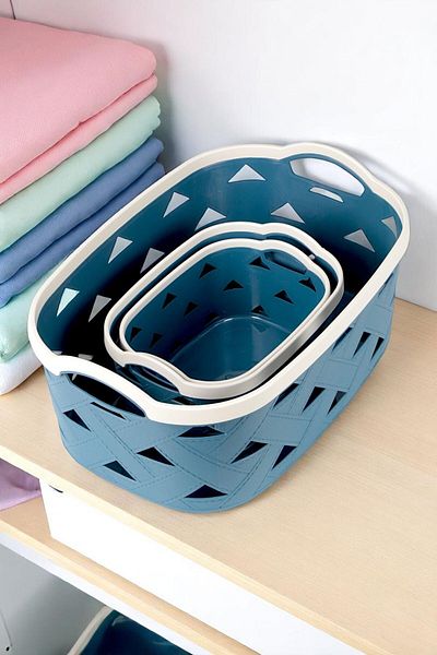 İronika 3-Piece Decorative Leather Look Closet Organizer Storage Box Kitchen Bathroom Organizer Basket Blue