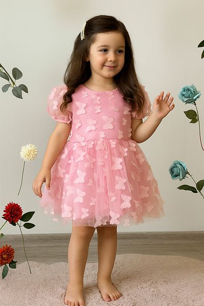 2kids2mom Butterfly Pattern Pink Dress Short Sleeve Bow Birthday Party Wedding Special Occasion Tulle Lined Prince