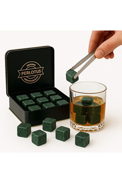 PERLOTUS 9’lu Granit Eskitme Viski Taşı Seti Premium Metal Kutu Sulandırmadan...