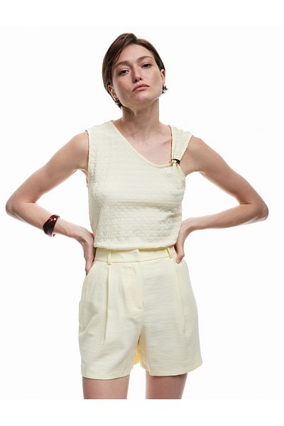 Koton Wrapped Fabric Asymmetrical Neckline Sleeveless Blouse with Metal Accessories