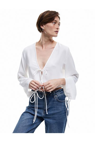 Koton V Neck Long Bell Sleeve Tie Front Bow Detail Crop Blouse