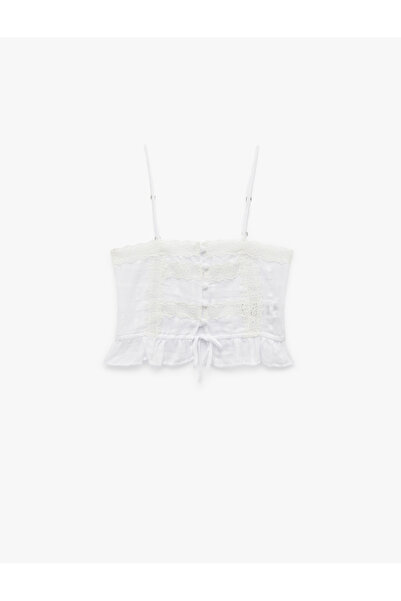 Koton Δαντελένια λεπτομέρεια με λουράκι με κουμπιά και φιόγκο Dobby Crop μπλούζα