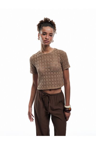 Koton Crochet Short Sleeve Crew Neck T-Shirt