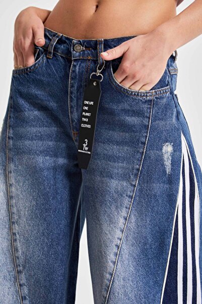 its basic Kadın Kot Rengi Denim Parçalı Palazzo Fit Tasarım Denim