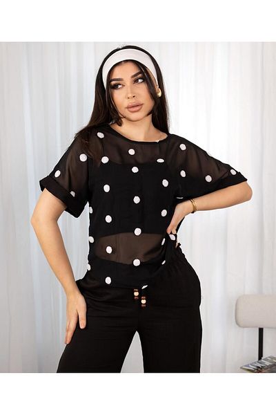 EsSo butik Polka Dot Front Chiffon Back Strawberry Fabric Blouse