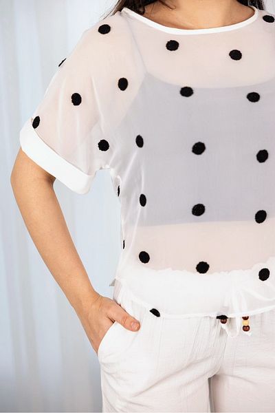 EsSo butik Polka Dot Front Chiffon Back Strawberry Fabric Blouse