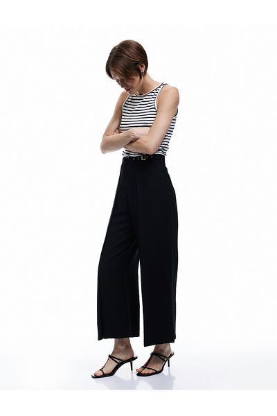 Koton Viscose Blended Half Belt Detailed Ribbed Straight Wide Leg Trousers
