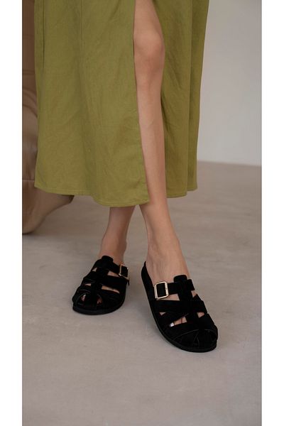 StWenn Yoshi Beige Suede Belt Buckle Detailed Flat Sole Women's Slippers