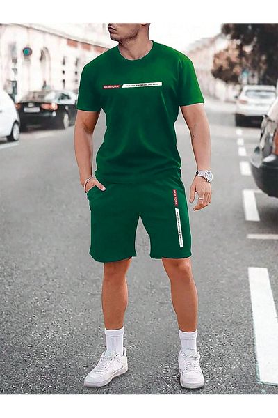 DUBU BUTİK Green Oversize Printed New York Striped T-Shirt and Shorts Set - Crew Neck