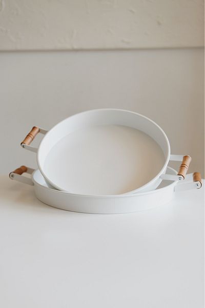 Dekorzdükkan 2-Piece Galvanized White Wooden Handle Tray (37Cm+32Cm)
