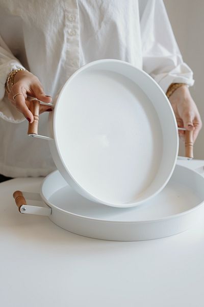 Dekorzdükkan 2-Piece Galvanized White Wooden Handle Tray (37Cm+32Cm)