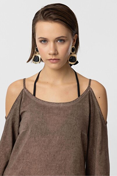 Deriderim Кавова сорочка з тонким бретельками, мереживом і рукавами-крильцями з бавовни