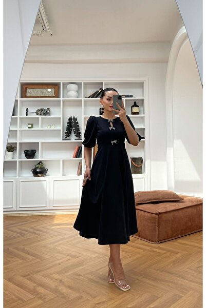 Nida Boutique Crepe Midi Dress with Balloon Sleeve Bow Accessory