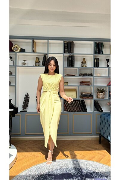 Nida Boutique Bel Dekolte Detaylı Önden Yırtmaçlı Sıfır Kol Double Kumaş Elbise