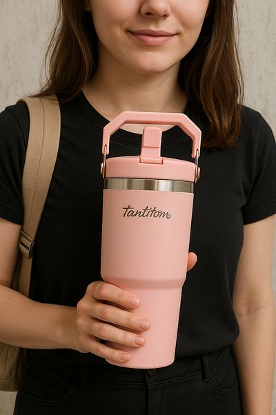 Tantitoni Shela Pink Steel Handle - Open-Close with Straw - 900 ml
